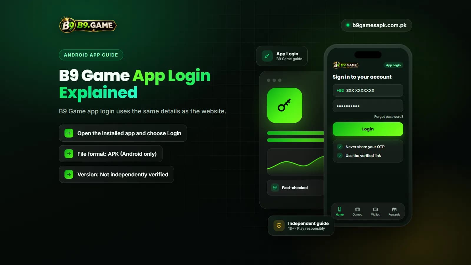 B9 Game app login with a mobile number and password